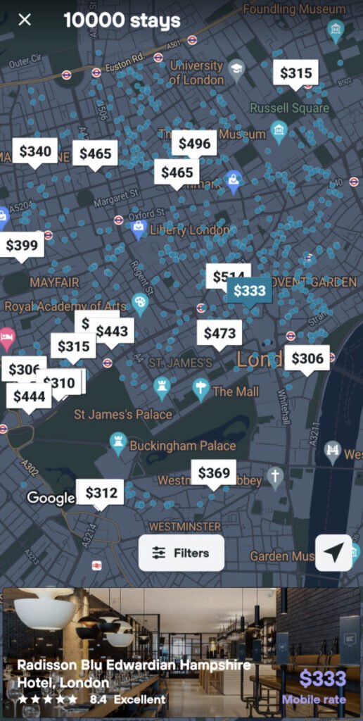 Best Travel Apps - Kayak Map View London Hotel Search